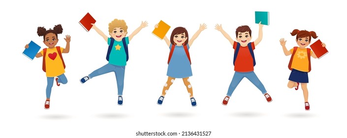 Niños y niñas felices y lindos saltando juntos con libros y mochilas ilustraciones vectoriales aisladas. Niños pequeños multiétnicos.