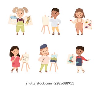 Happy Cute Kids Drawing and Painting on Paper and Canvas with Brush and Color Pen Vector Set