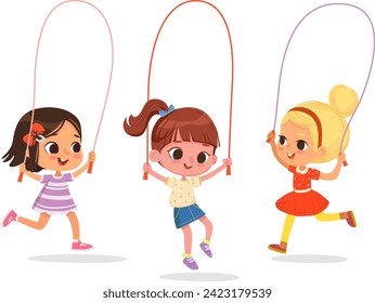 Happy cute kids girls play jump rope. Cartoon Illustration of children playing Jump rope. Vector