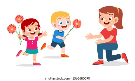 happy cute kids give flower to mother