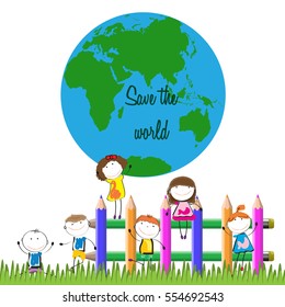 Happy and cute kids with globe, abstract drawing