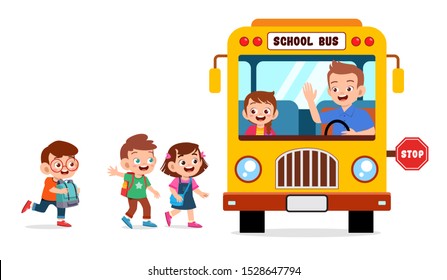 happy cute kids go to school by bus