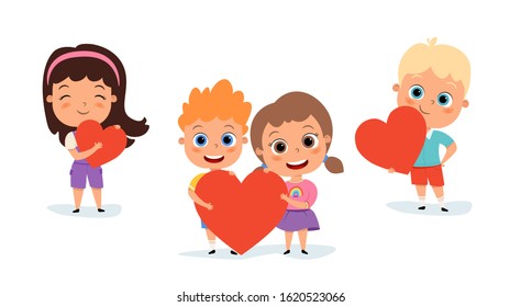 Happy cute kids with hearts. Girl and boy are smiling. Vector flat illustration. Children are smiling. Cute cartoon illustration of kids. Vector image. Health heart. Love. Set of  cartoon kids.