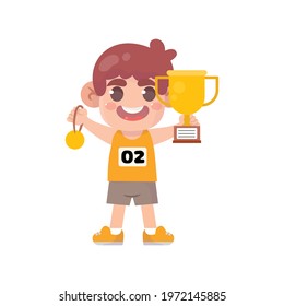 Happy cute kids holding gold medal and trophy illustration Premium Vector
