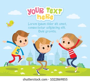 Happy cute kids jumping with hands up