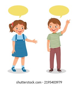 happy cute kids little boy and girl talking each other with speech bubble