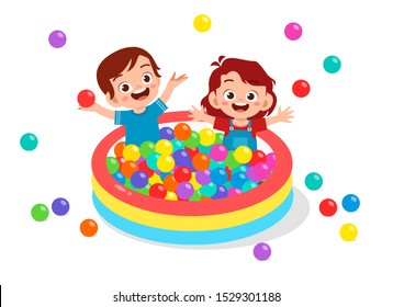 happy cute kids play ball bath pool