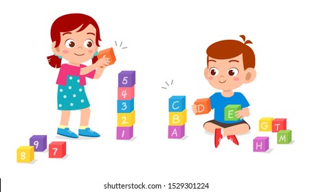 happy cute kids play brick block together