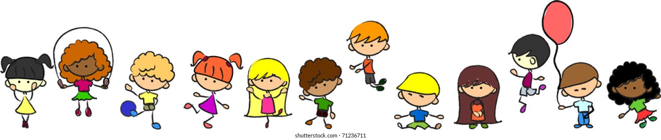 Happy cute kids play, dance, jump, vector