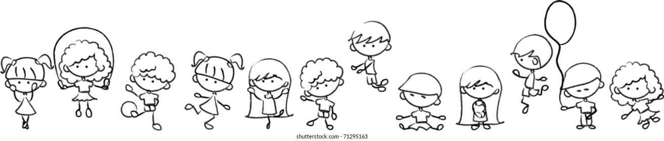 Happy cute kids play, dance, jump, vector