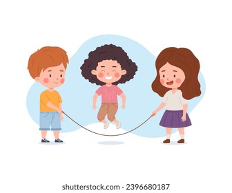 Happy cute kids play jump rope. Cartoon children play jump rope game, boy and girls skipping rope activity. Have fun, sport time. Vector isolated illustration of little friends characters leisure