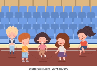 Glückliche süße Kinder spielen Sprungseil im Stadion. Cartoon Jungen und Mädchen, die Seilaktivitäten überspringen. Freizeit, Spaß. Kinder spielen Sprungseilspiel. Vektorgrafik-Knetzeichen