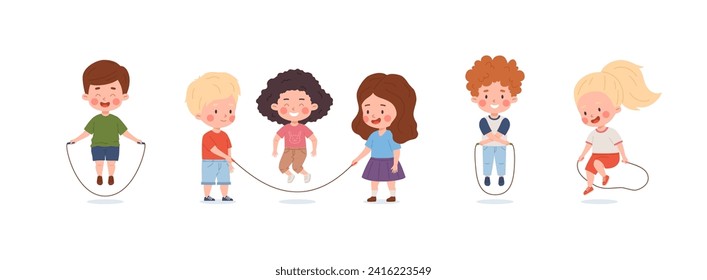 Happy cute kids play jump rope vector isolated illustrations set. Cartoon children play jump rope game, boy and girls skipping rope activity. Have fun, sport time. Little friends characters leisure