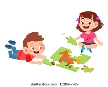 happy cute kids play solve puzzle together