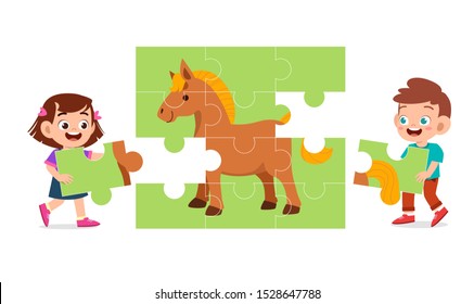 happy cute kids play solve puzzle together