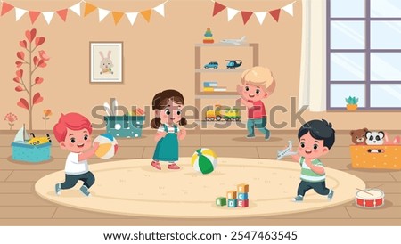 happy cute kids play together in kindergaten