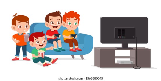 Happy Cute Kids Play Video Game Together