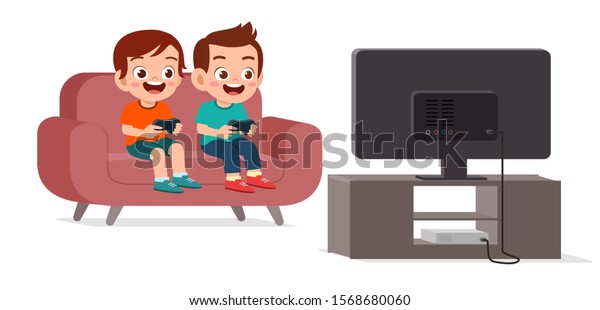 Happy Cute Kids Play Video Game Stock Vector (Royalty Free) 1568680060