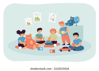 Happy cute kids playing with cubes, toy cars and teddy bear. Boys and girls sitting together in playroom of kindergarten or home flat vector illustration. Childrens fun games, nursery concept