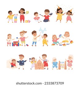 Happy cute kids playing together. Brothers and sisters having fun at party, building sandcastle, playing toy blocks cartoon vector illustration