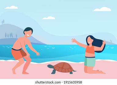 Happy cute kids playing with turtle on beach. Water, holiday, swimsuit flat vector illustration. Entertainment and fun concept for banner, website design or landing web page