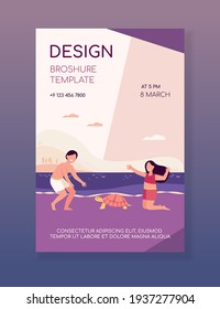 Happy cute kids playing with turtle on beach. Water, holiday, swimsuit flat vector illustration. Entertainment and fun concept for banner, website design or landing web page