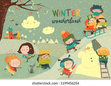 Happy cute kids playing winter games. Hello winter