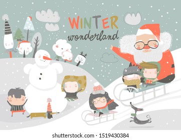 Happy cute kids playing winter games with Santa Claus. Hello winter