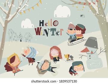 Happy cute kids playing winter games. Hello winter