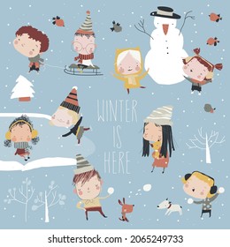 Happy Cute Kids playing Winter Games. Hello Winter