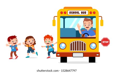happy cute kids ride bus from school