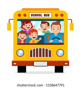 happy cute kids ride school bus together