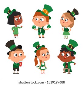 Happy Cute Kids in Saint Patrick's Day Set. Childrens Dressed as Leprechaun, Dancing, Drinking Juice, Holding Clover Shamrock. Isolated on White Background Cartoon Style Vector Illustration