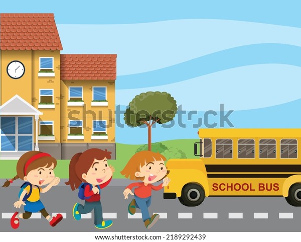 Happy cute kids and school bus. A vector\
illustration of kids group of cute kids back to school. Cartoon\
characters schoolgirls pupils apprentices cute cheerful children.\
School bus with friends.
