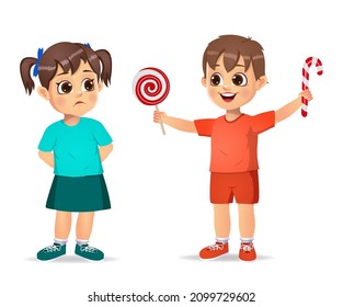 happy cute kids sharing candy