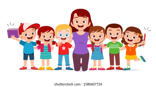 happy cute kids smile with teacher together