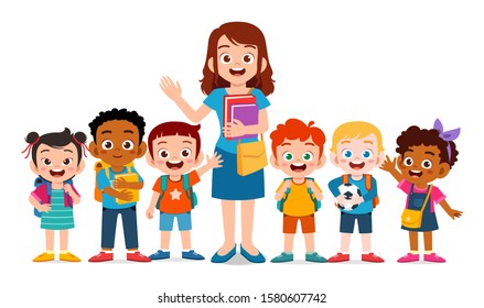 Happy Cute Kids Smile With Teacher Together