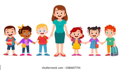 happy cute kids smile with teacher together