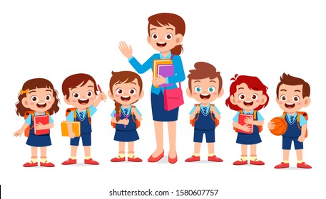 happy cute kids smile with teacher together