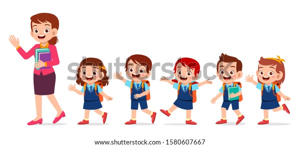 Happy Cute Kids Smile Teacher Together Stock Vector (Royalty Free ...