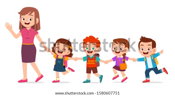 Happy Cute Kids Smile Teacher Together Stock Vector (Royalty Free ...