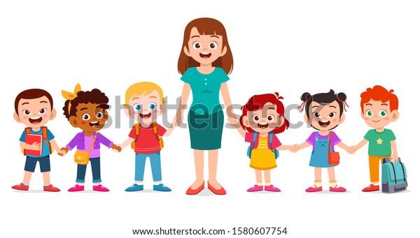 Happy Cute Kids Smile Teacher Together Stock Vector (Royalty Free ...