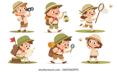 Happy cute kids summer camp holiday set. Scouting kids set. Cute little boy and girl scouts in uniform with camping equipment cartoon vector illustration