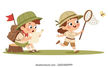 Happy cute kids summer camp holiday set. Scouting kids set. Cute little boy and girl scouts in uniform with camping equipment cartoon vector illustration