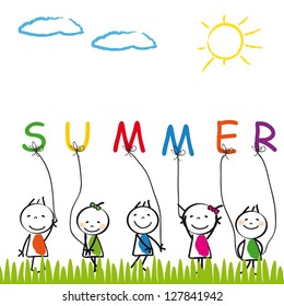 Happy and cute kids with summer word