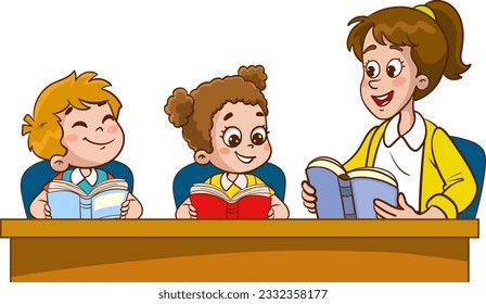 happy cute kids and teacher school vector. teacher and cute students doing lesson together at table.