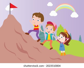 Happy cute kids teamwork team concept 2d cartoon vector illustration