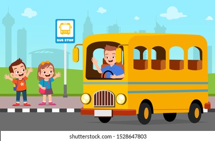 happy cute kids wait school bus with friends