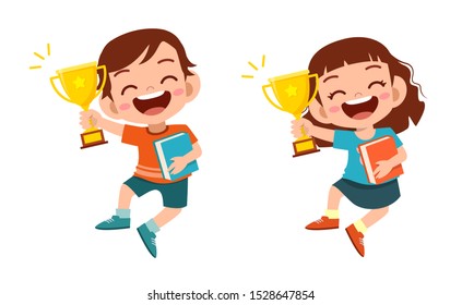 Happy Cute Kids Win Game Gold Trophy