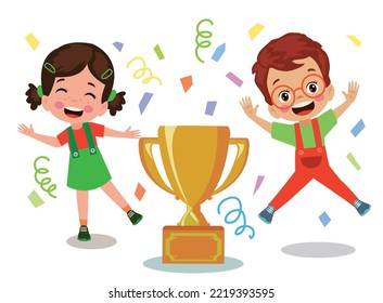 happy cute kids win game gold trophy